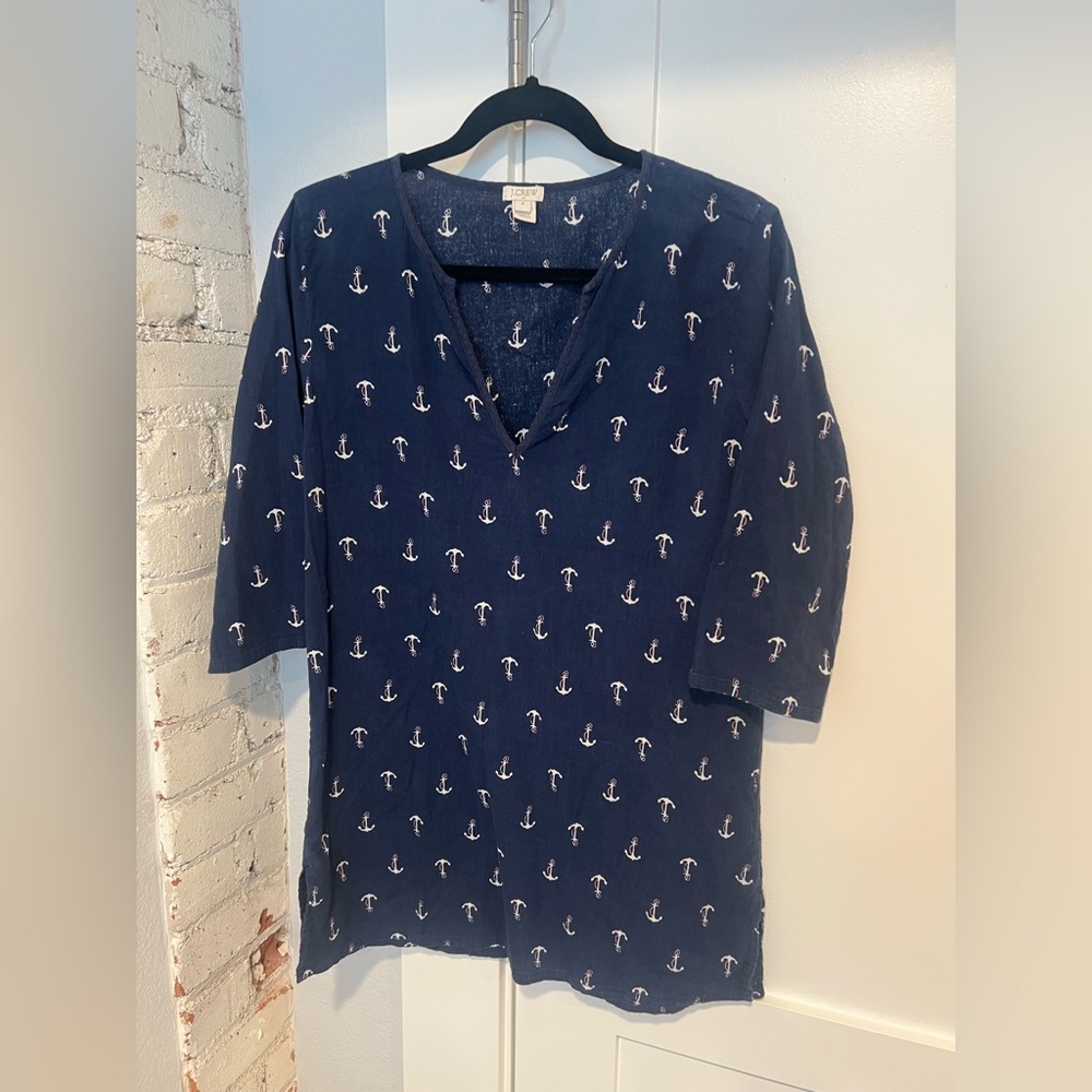 Women’s J.Crew Factory Anchor Print Cotton Tunic Navy Blue V Neck 3/4